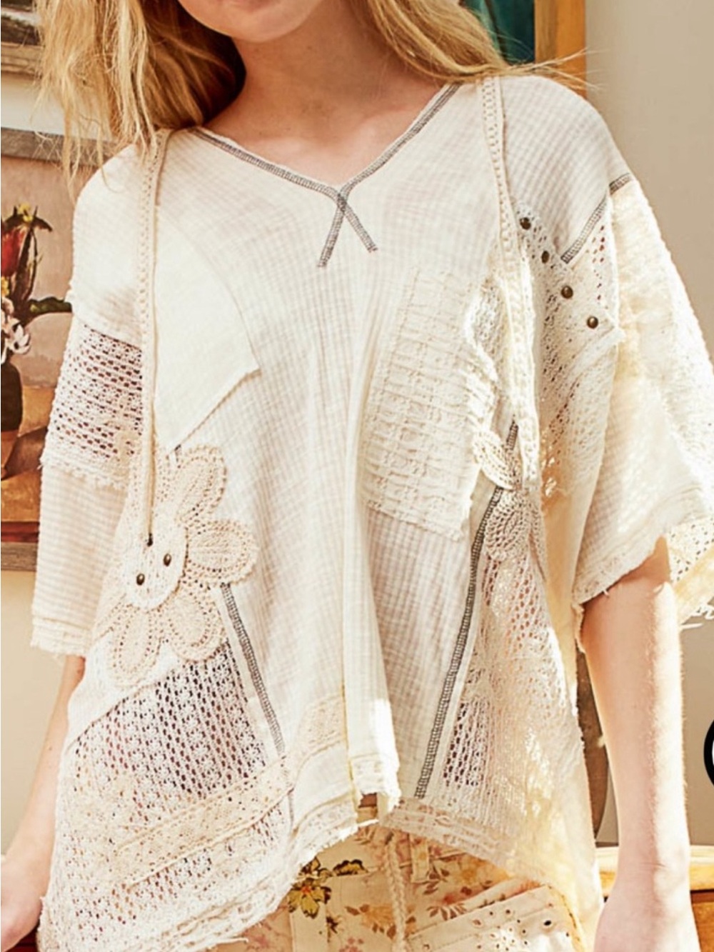 POL Cream Floral Patchwork Top - Picture 1 of 3